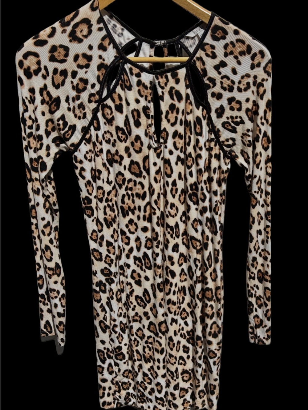 Guess-Leopard Print Long Sleeve Dress with Keyhole Neck  Lined